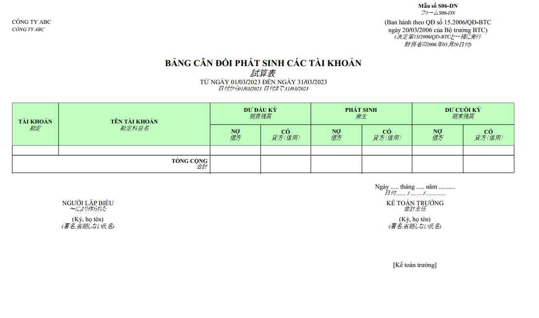 Mẫu bảng cân đối phát sinh các tài khoản ( SONG NGỮ - NGOẠI TỆ )