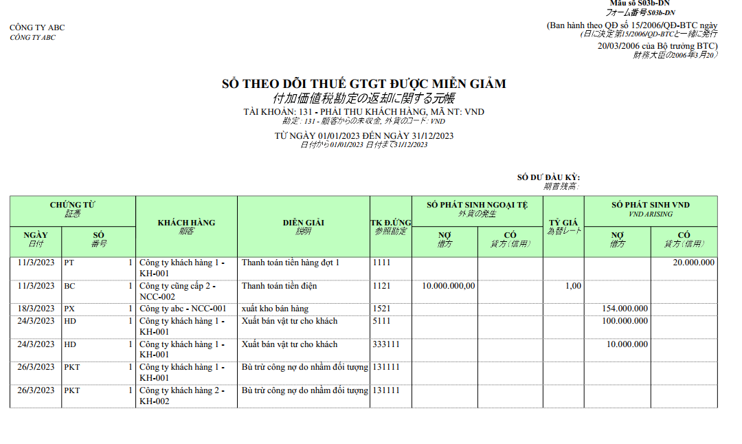Mẫu sổ theo dõi thuế GTGT được miễn giảm ngoại tệ ( SONG NGỮ - TIẾNG NHẬT )