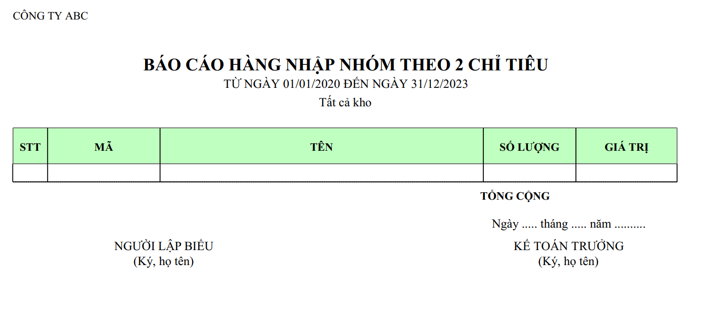 Mẫu báo cáo mua hàng nhập nhóm theo 2 chỉ tiêu