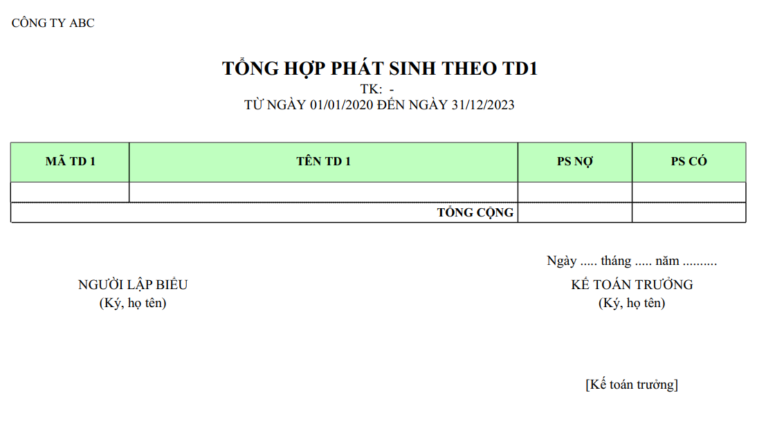 Mẫu tổng hợp phát sinh theo trường tự do