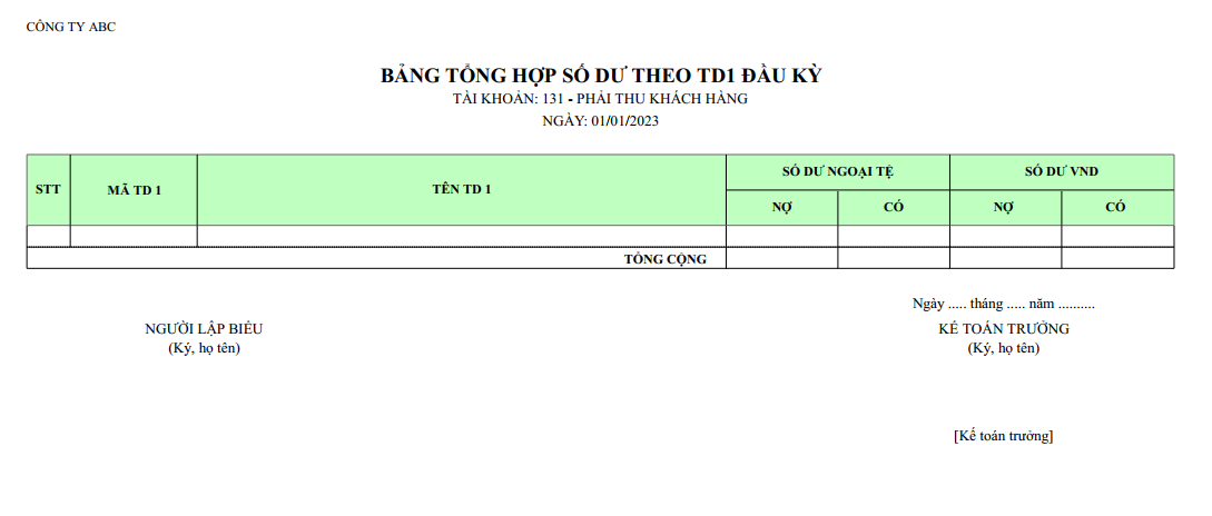 Mẫu bảng tổng hợp số dư theo trường tự do đầu kỳ ( Ngoại tệ )