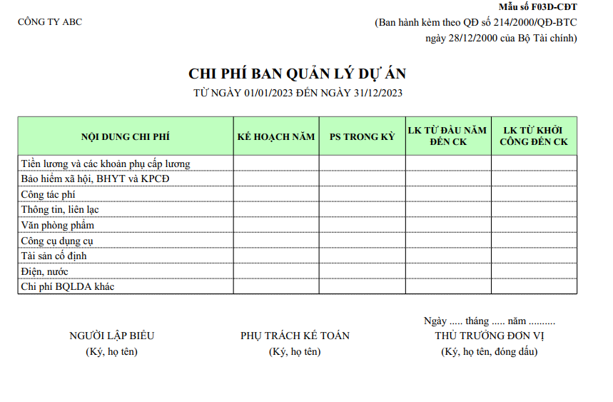 Mẫu chi phí ban quản lý dự án