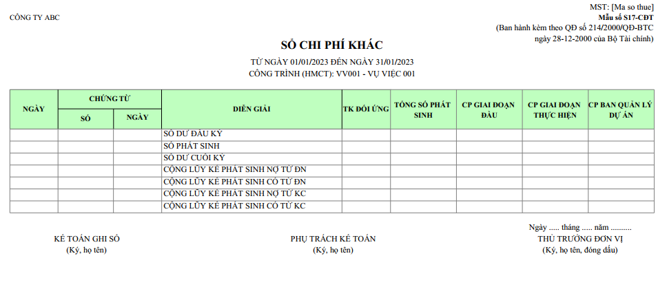 Mẫu sổ chi phí khác