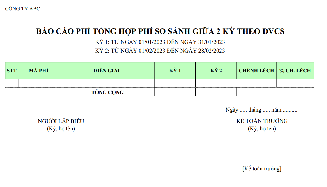 Mẫu báo cáo phí tổng hợp phí so sánh giữa 2 kỳ theo mã phí