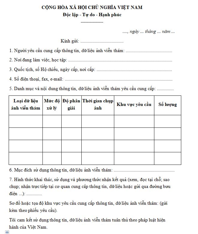 Mẫu phiếu yêu cầu cung cấp thông tin, dữ liệu ảnh viễn thám đối với người nước ngoài