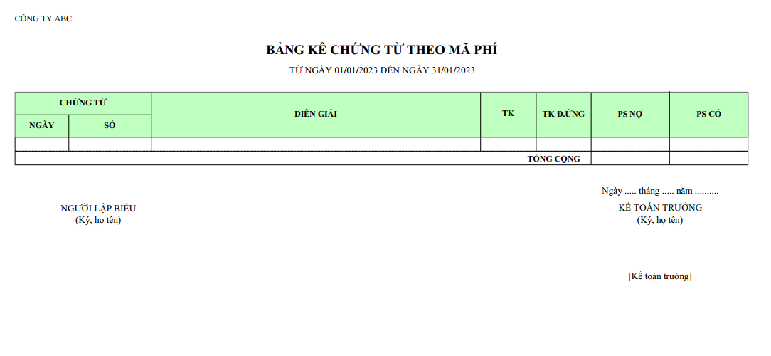 Mẫu bảng kê chứng từ theo mã phí