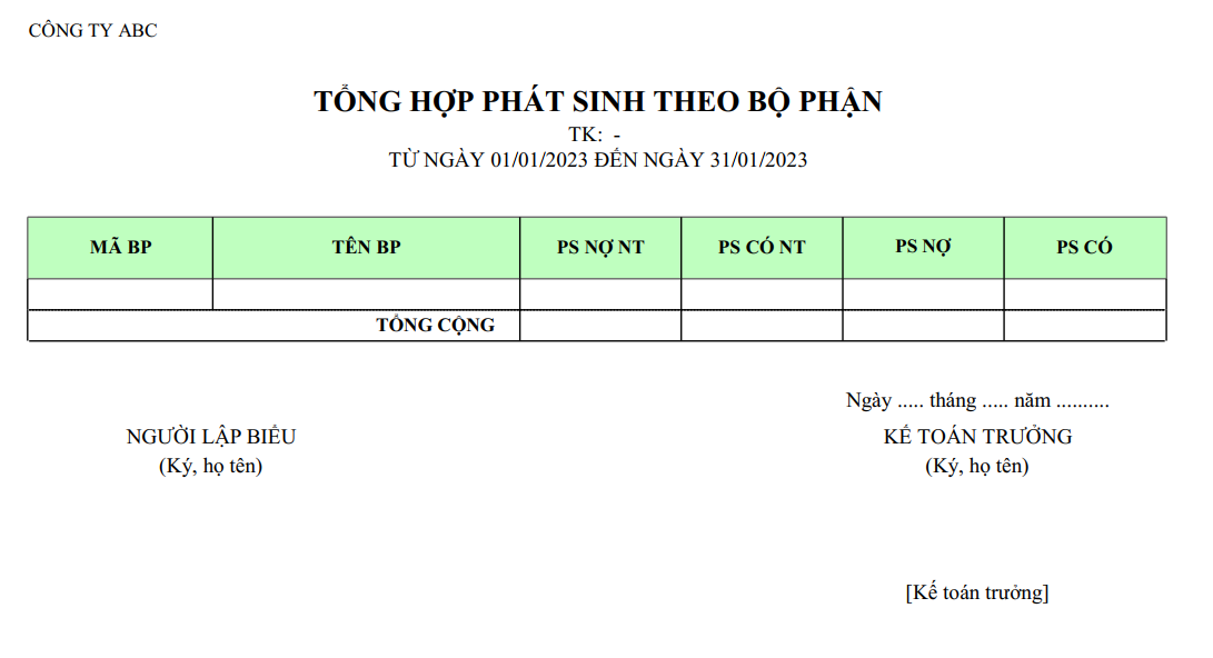 Mẫu tổng hợp phát sinh theo bộ phận