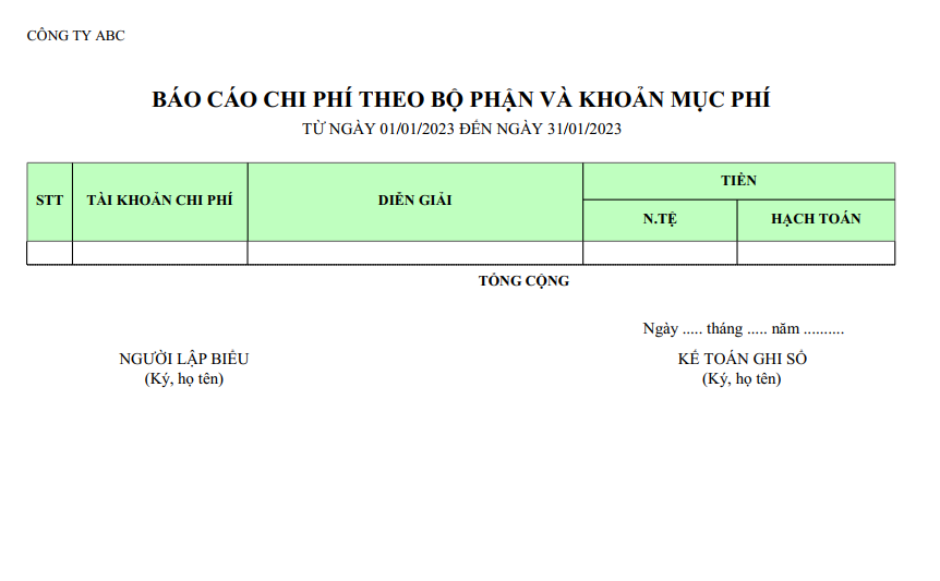 Mẫu báo cáo chi phí theo bộ phận và khoản mục phí ( NGOẠI TỆ )