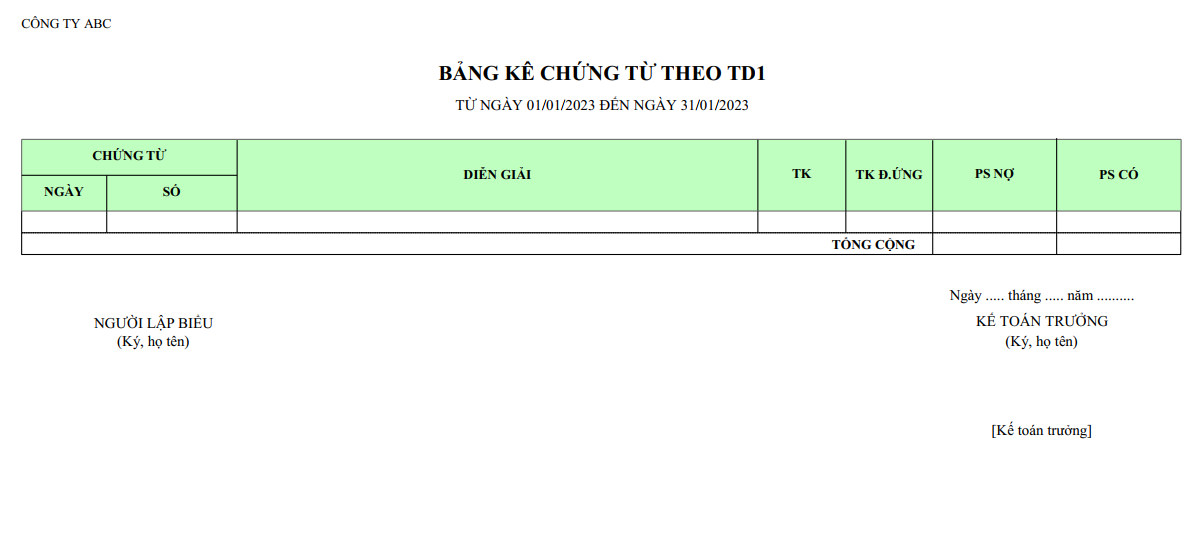 Mẫu bảng kê chứng từ các trường tự do