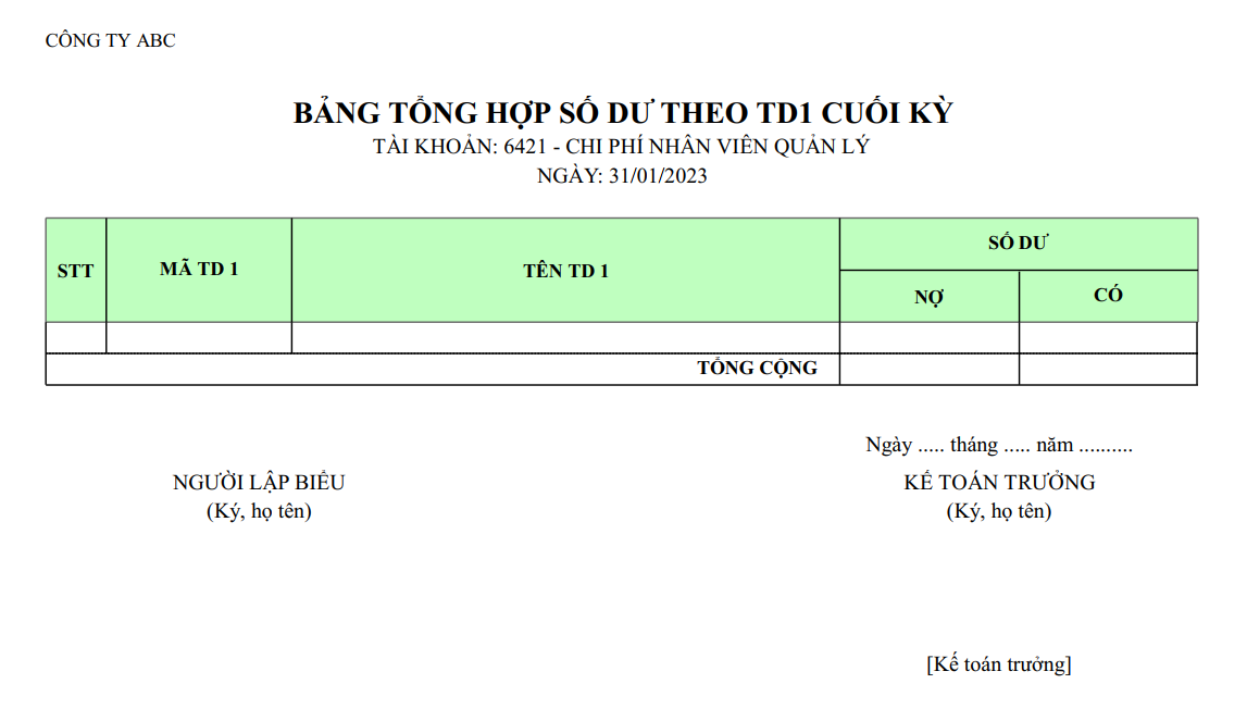 Mẫu bảng tổng hợp số dư các trường tự do cuối kỳ