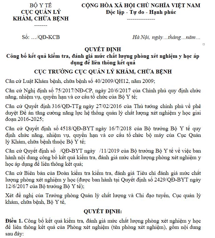 Mẫu quyết định công bố kết quả kiểm tra, đánh giá mức chất lượng phòng xét nghiệm y học