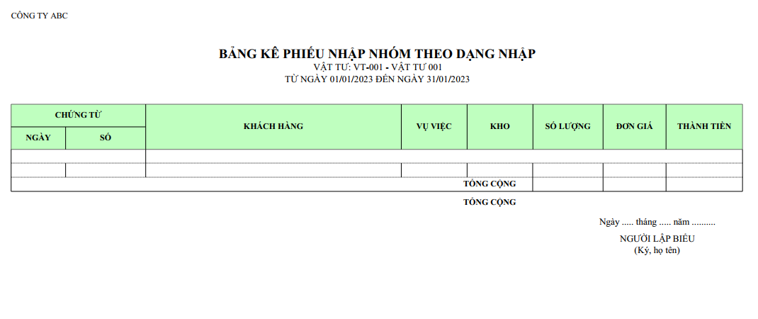 Bảng kê phiếu nhập nhóm theo dạng nhập ( Số lượng và giá trị )