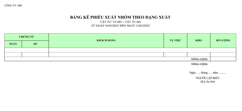 Mẫu bảng kê phiếu xuất nhóm theo dạng xuất