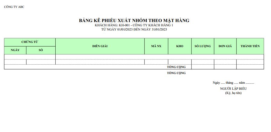 Mẫu bảng kê phiếu xuất nhóm theo mặt hàng ( Số lượng và giá trị )