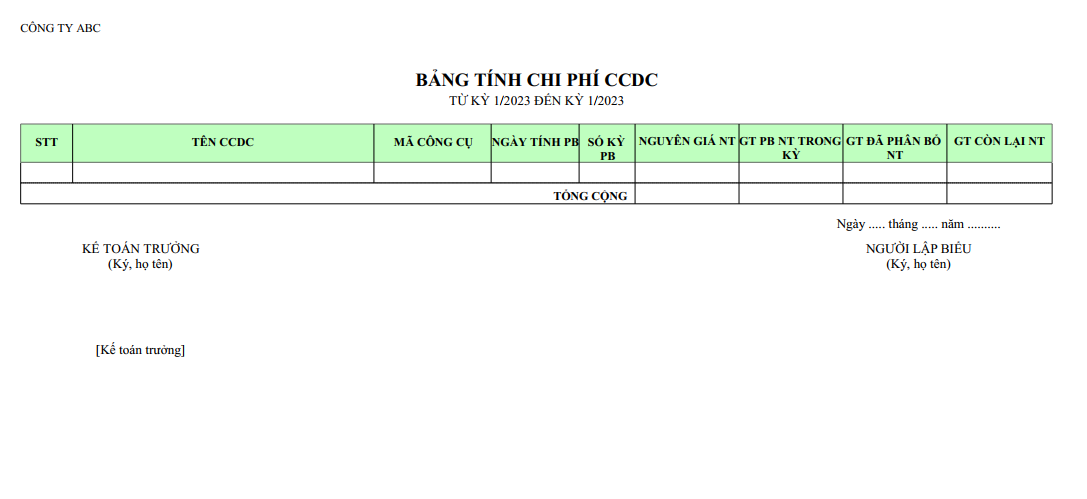 Mẫu bảng tính chi phí CCDC ( NGOẠI TỆ )