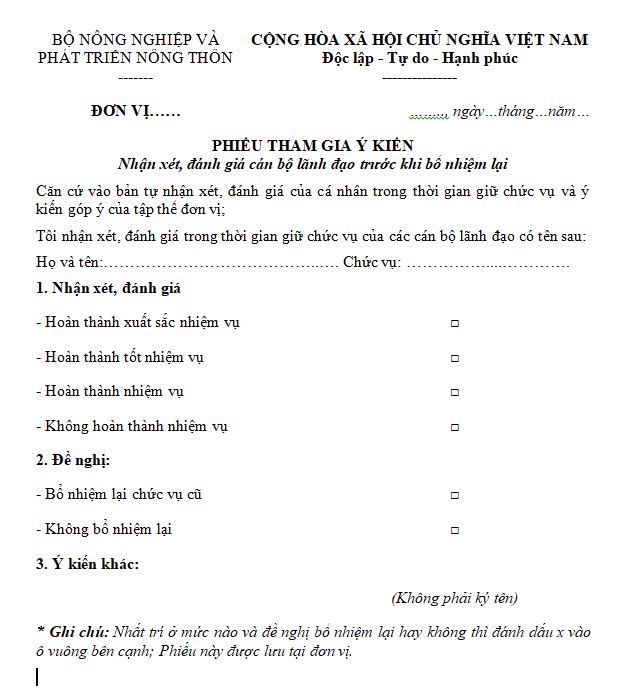 Mẫu phiếu tham gia ý kiến nhận xét, đánh giá cán bộ lãnh đạo trước khi bổ nhiệm lại