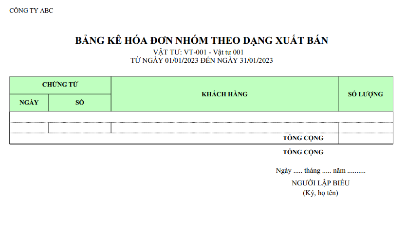 Mẫu bảng kê hoá đơn nhóm theo dạng xuất bán