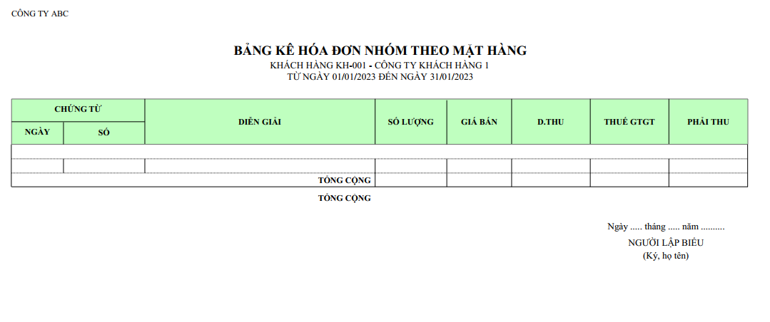 Mẫu bảng kê hoá đơn của một khách hàng theo mặt hàng ( Số lượng và giá trị )