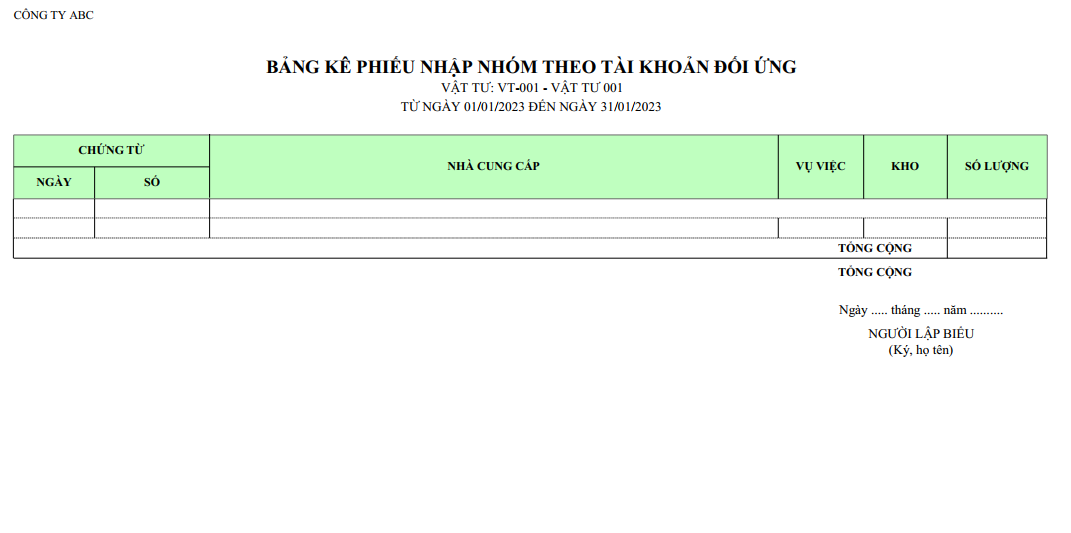 Mẫu bảng kê phiếu nhập nhóm theo tài khoản đối ứng