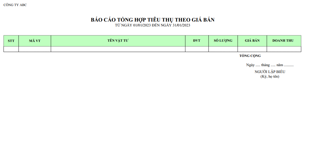 Mẫu báo cáo tổng hợp tiêu thụ theo giá bán