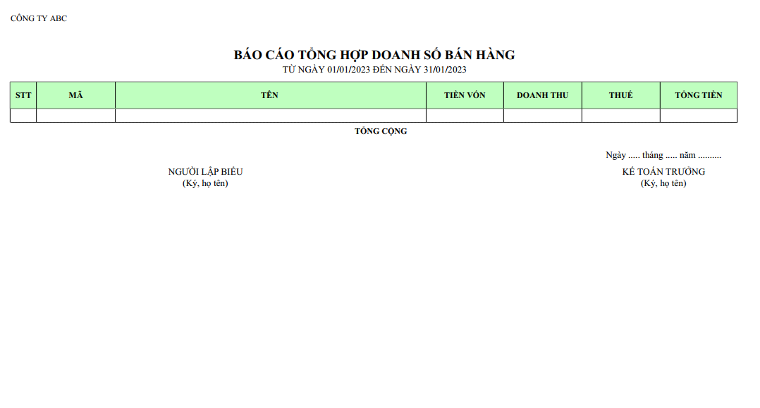 Mấu báo cáo tổng hợp doanh số bán hàng