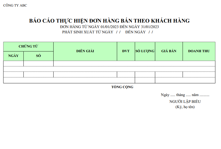 Mẫu báo cáo thực hiện đơn hàng bán theo khách hàng