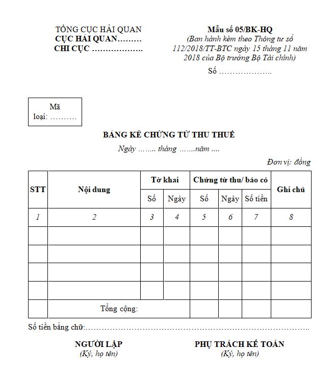 Mẫu số 05/BK-HQ: Bảng kê chứng từ thu thuế