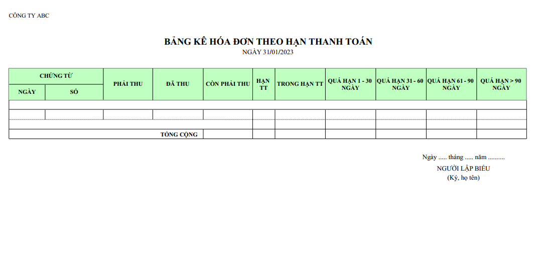 Mẫu bảng kê hoá các đơn theo hạn thanh toán