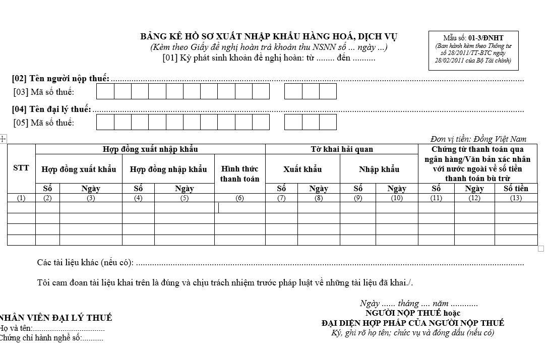 Mẫu số 01-3/ĐNHT: Bảng kê hồ sơ xuất nhập khẩu hàng hóa