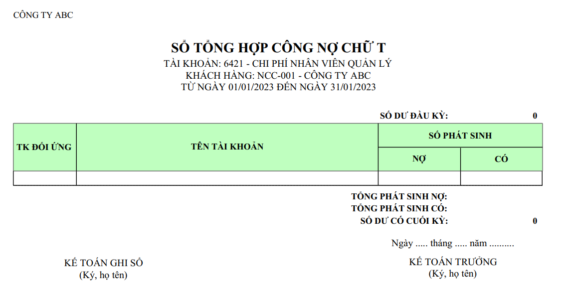 Mẫu sổ tổng hợp công nợ chữ T của một nhà cung cấp