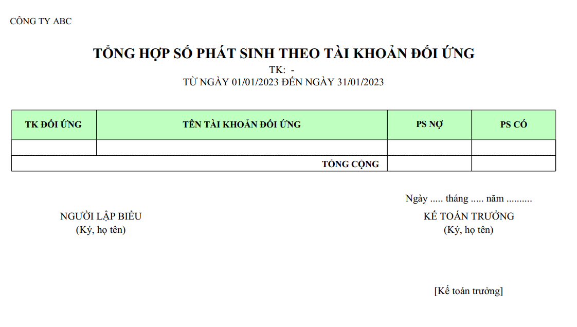 Mẫu tổng hợp phát sinh theo tài khoản đối ứng