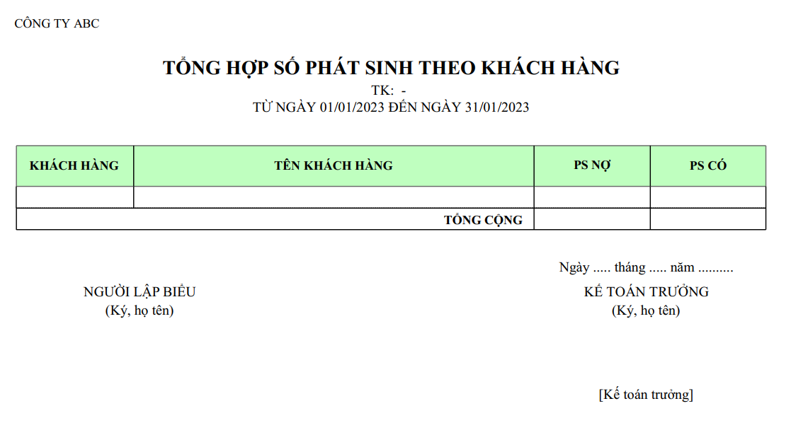 Mẫu tổng hợp phát sinh theo khách hàng