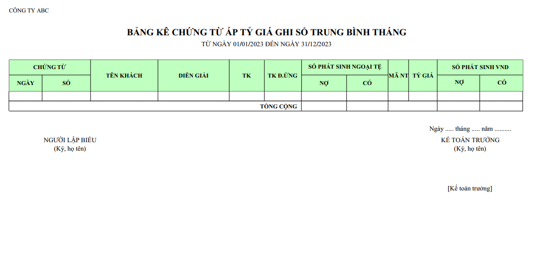 Mẫu bảng kê chứng từ áp tỷ giá ghi sổ trung bình tháng ( NGOẠI TỆ )