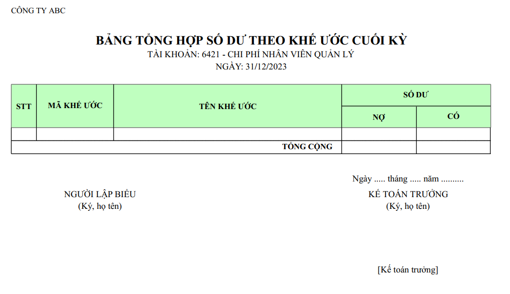 Mẫu bảng tổng hợp số dư theo khế ước cuối kỳ