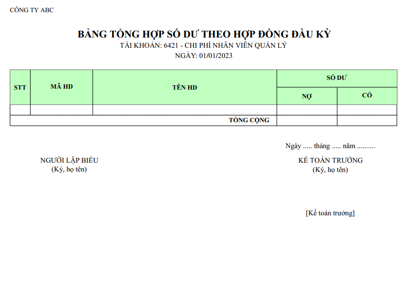 Mẫu bảng tổng hợp số dư hợp đồng đầu kỳ