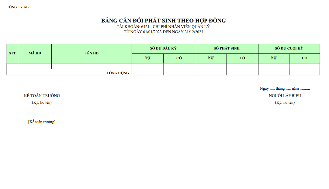 Mẫu bảng cân đối phát sinh theo các hợp đồng