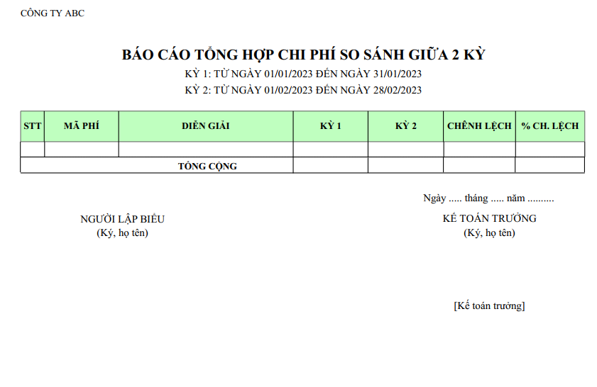 Mẫu báo cáo tổng hợp chi phí so sánh giữa 2 kỳ theo mã phí