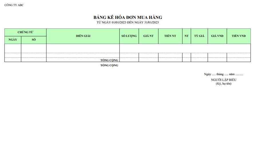 Mẫu bảng kê hoá đơn mua hàng ( Số lượng và giá trị ) NGOẠI TỆ