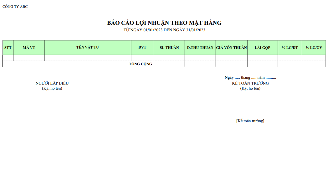 Mẫu báo cáo lợi nhuận theo mặt hàng mẫu 2