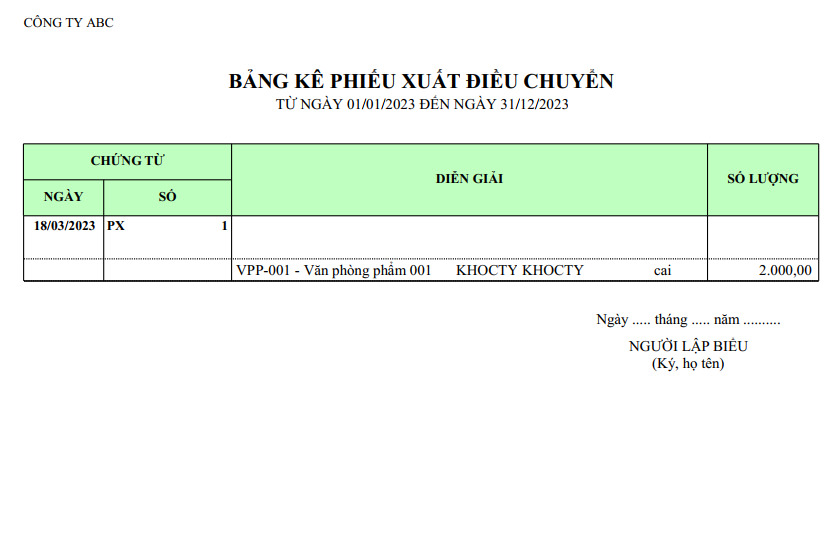 Mẫu bảng kê phiếu xuất điều chuyển
