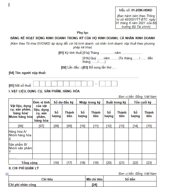 Mẫu số 01-2/BK-HĐKD: Phụ lục Bảng kê hoạt động kinh doanh trong kỳ của hộ kinh doanh, cá nhân kinh doanh