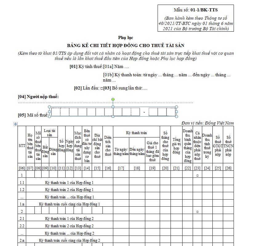 Mẫu số 01-1/BK-TTS: Phụ lục bảng kê chi tiết hợp đồng cho thuê tài sản