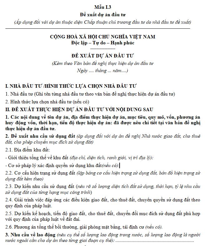 Mẫu đề xuất dự án đầu tư (Áp dụng đối với dự án thuộc diện Chấp thuận chủ trương đầu tư do nhà đầu tư đề xuất)