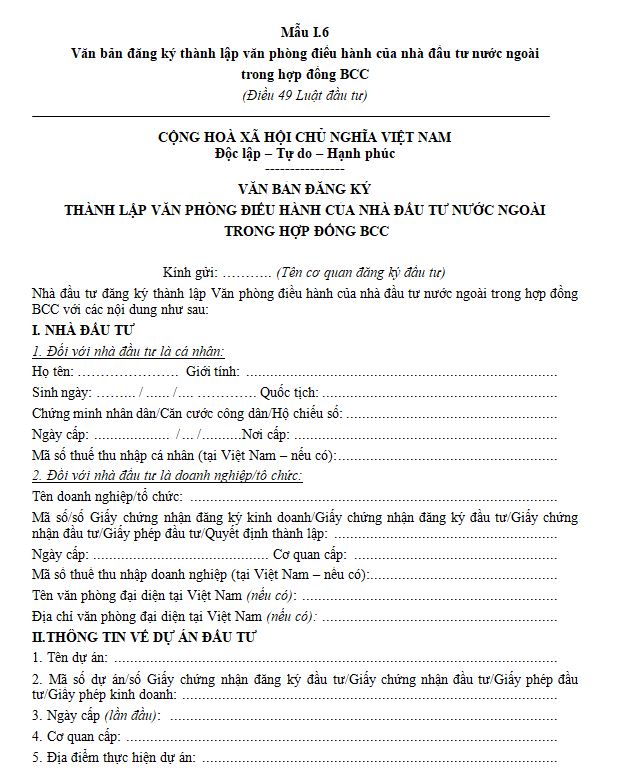 Mẫu văn bản đăng ký thành lập văn phòng điều hành của nhà đầu tư nước ngoài trong hợp đồng BCC