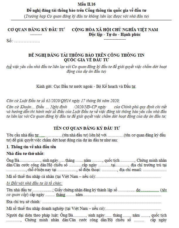 Mẫu Đề nghị đăng tải thông báo trên Cổng thông tin quốc gia về đầu tư (Trường hợp Cơ quan đăng ký đầu tư không liên lạc được với nhà đầu tư)