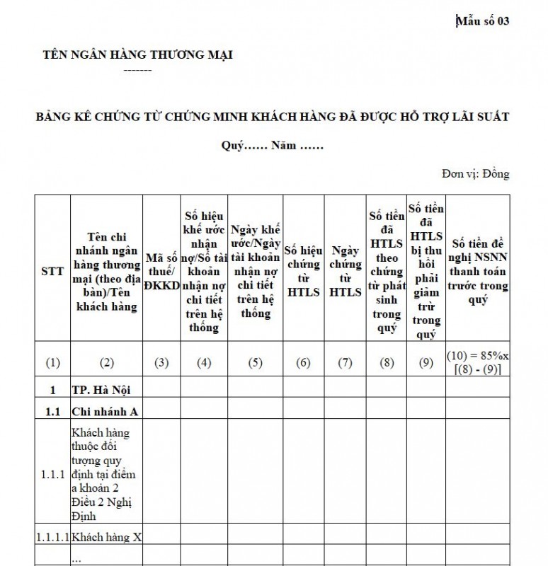 Mẫu số 3 : Bảng kê chứng từ chứng minh khách hàng đã được hỗ trợ lãi xuất