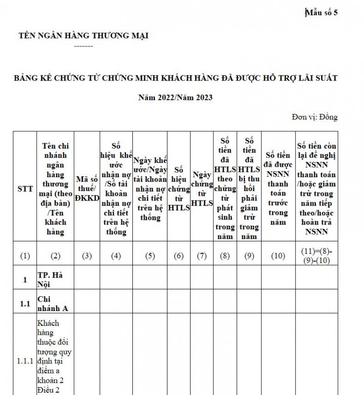 Mẫu số 05 : Bảng kê chứng từ chứng minh khách hàng đã được hỗ trợ lãi xuất