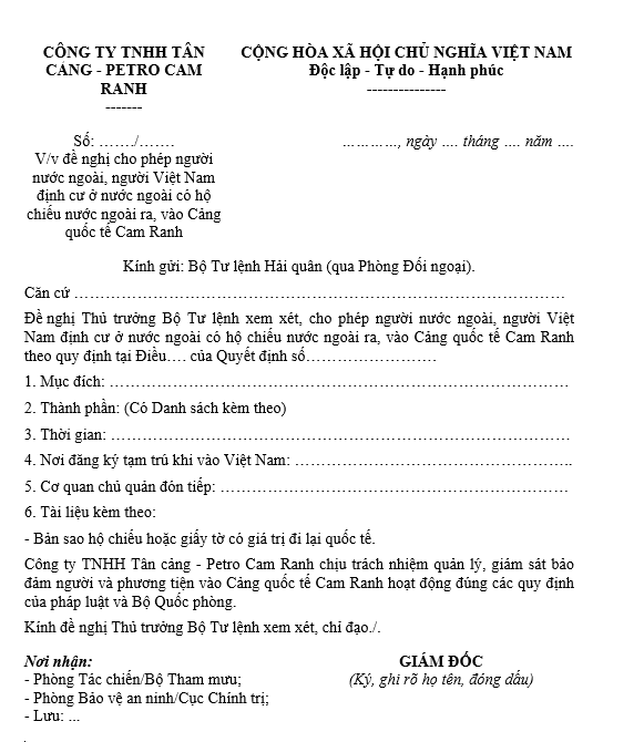 Mẫu văn bản đề nghị cho phép người nước ngoài ra, vào Cảng quốc tế