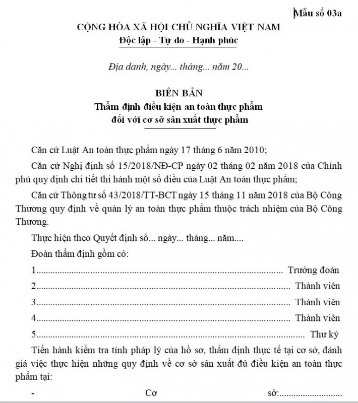 Mẫu số 03a: Biên bản thẩm định điều kiện an toàn thực phẩm (đối với cơ sở sản xuất)