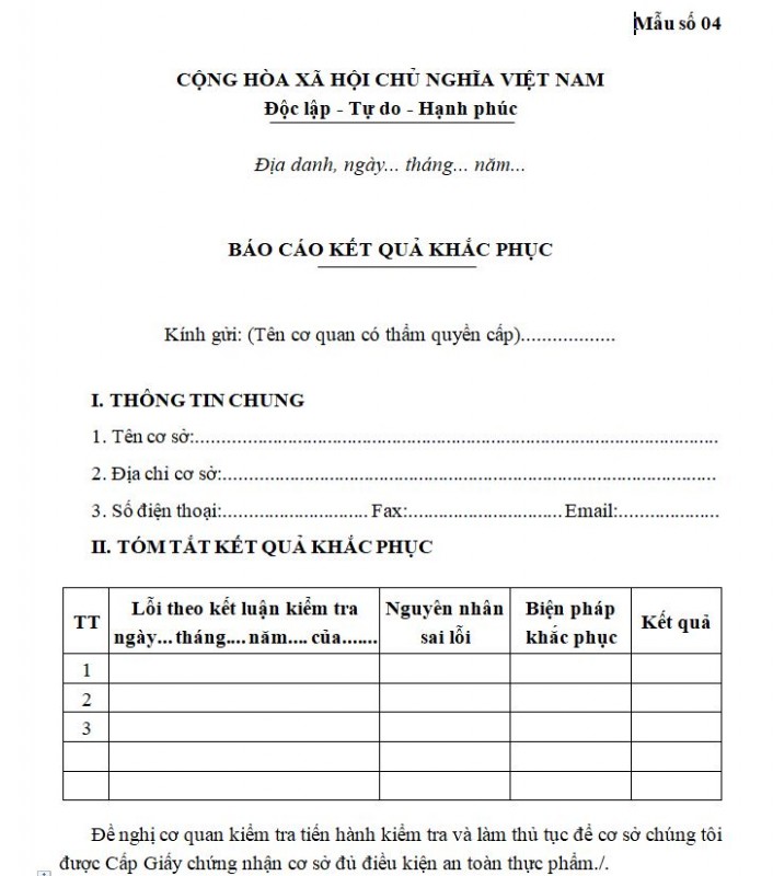 Mẫu số 04: Báo cáo kết quả khắc phục
